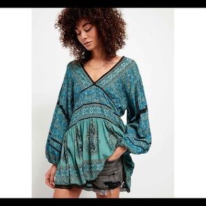 Free People Teal and Black Patterned Tunic